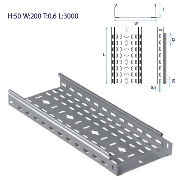 Лоток кабельный перфорированный 50x200x3000 (0,6 мм.) оцинкованный ...